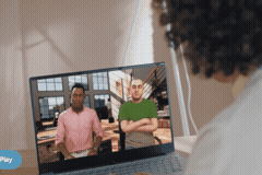 Remote AR video-call demo on a laptop screen